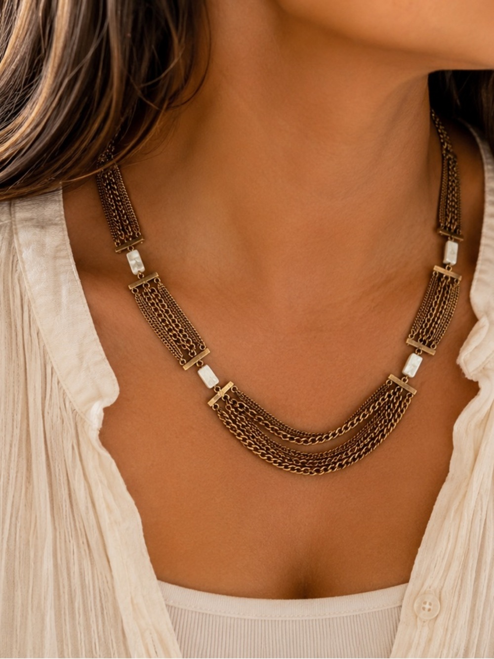 Vintage Gold Tone Layered Chain Statement Necklace 17” Boho